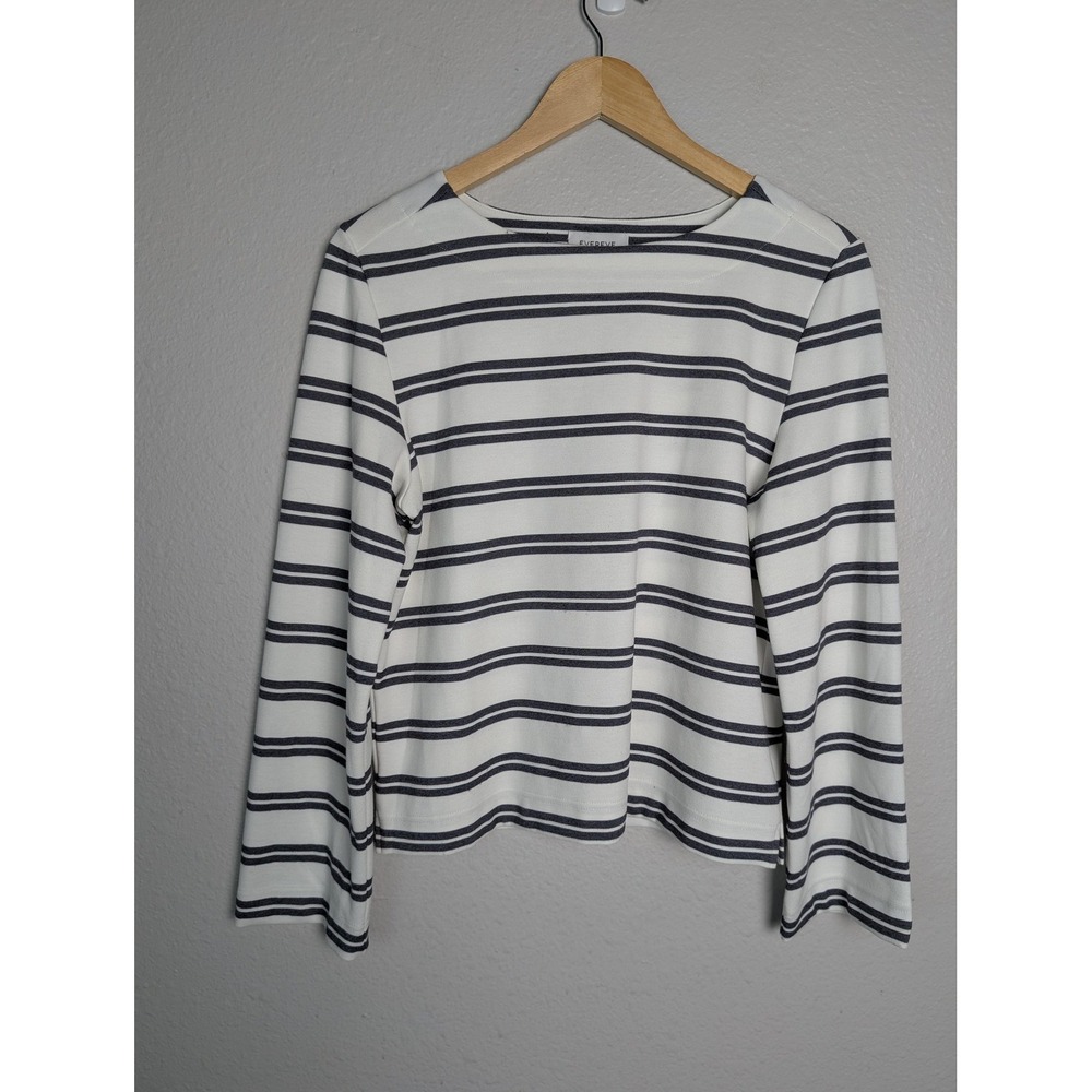 EVEREVE Shirt Womens S White Striped Boat Neck Long Sleeve Relaxed Jersey Top